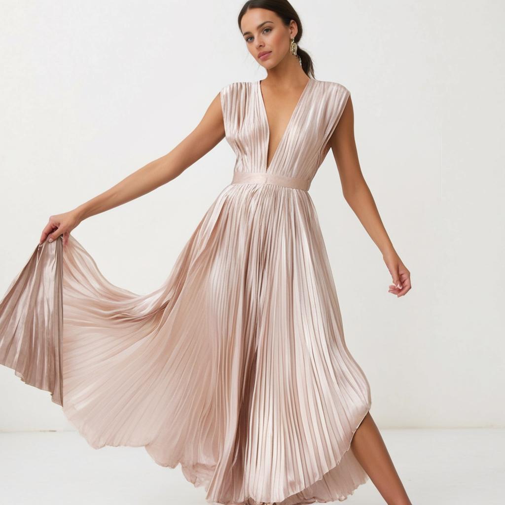 Atelier Élégance™ | Robe midi plissée à décolleté en V profond