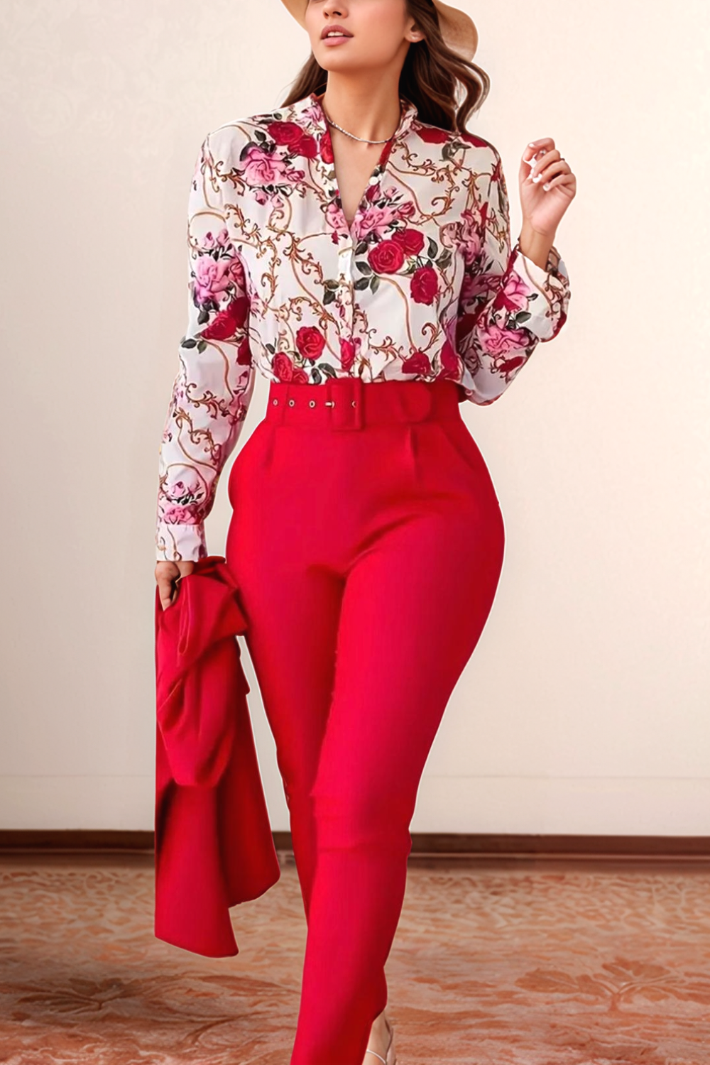 Atelier Élégance™ | Blouse Imprimée & Pantalon Taille Haute