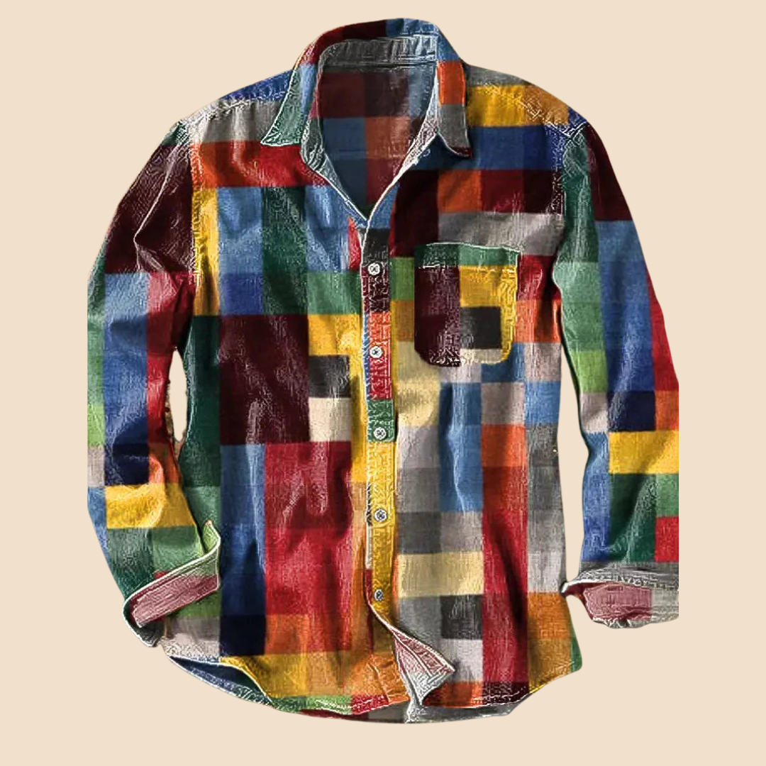 Atelier Élégance™ | Chemise vintage à manches longues motif arc-en-ciel