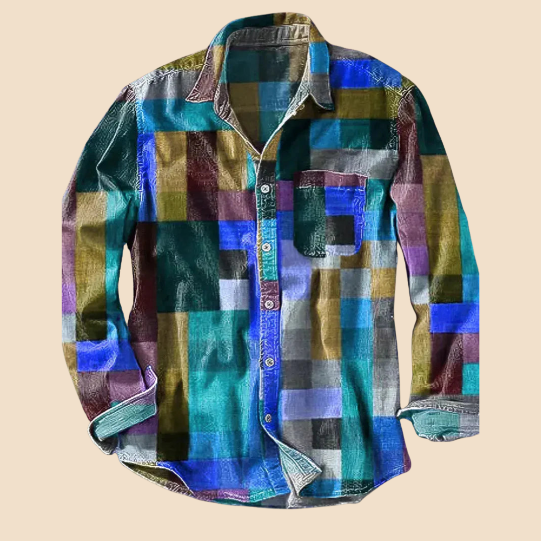 Atelier Élégance™ | Chemise vintage à manches longues motif arc-en-ciel