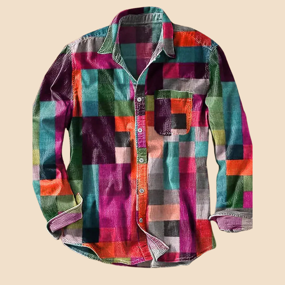 Atelier Élégance™ | Chemise vintage à manches longues motif arc-en-ciel