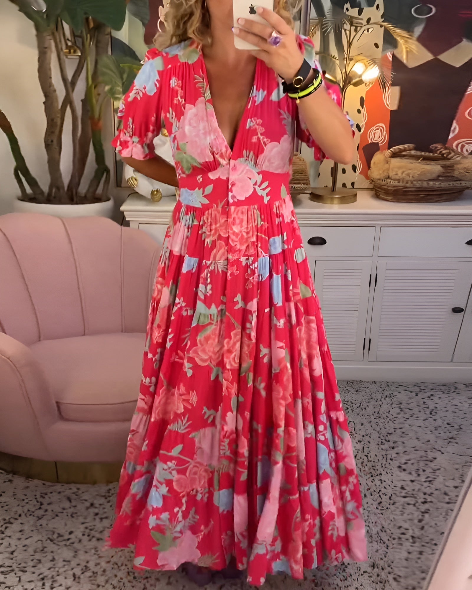 Atelier Élégance™ | Carine robe à poche col V imprimé fleuri