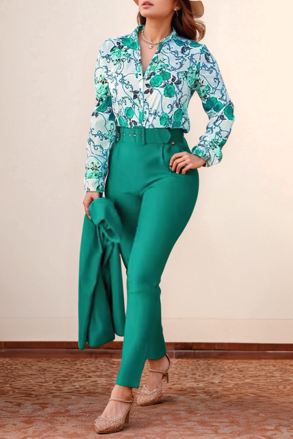 Atelier Élégance™ | Blouse Imprimée & Pantalon Taille Haute