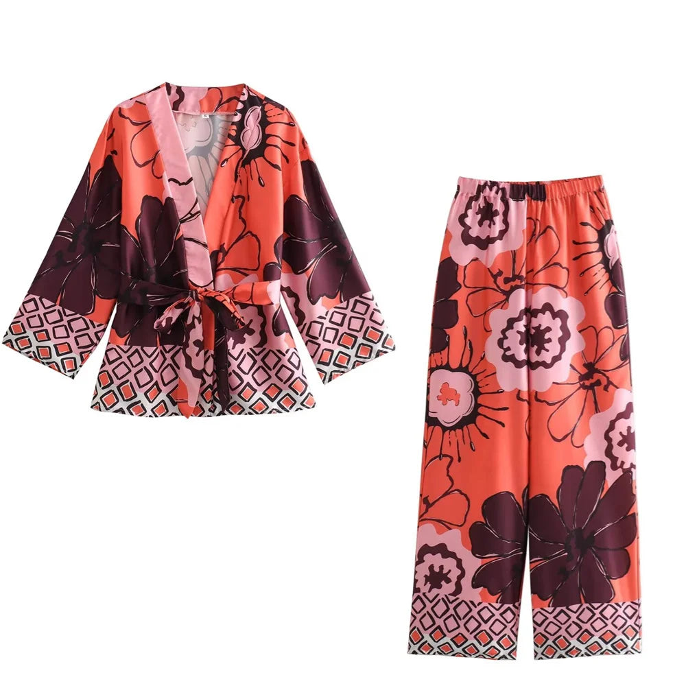 Atelier Élégance™ | Ensemble Kimono à Fleurs & Pantalons Amples