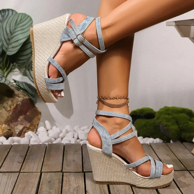 Atelier Élégance™ | Denim Wedged Heel Sandals