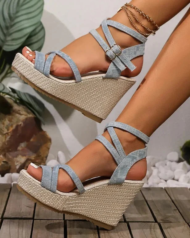 Atelier Élégance™ | Denim Wedged Heel Sandals